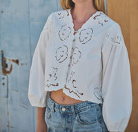 Aaron & Amber - Denim Embroidey Volume Sleeve Blouse Top
