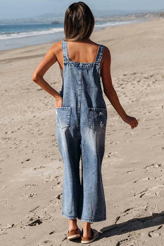 Little Daisy Closet - Distressed Bib Pocket Wide Leg Denim Overall