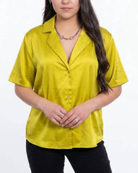 Ee:Some - Satin Button Up Short Sleeve Blouse