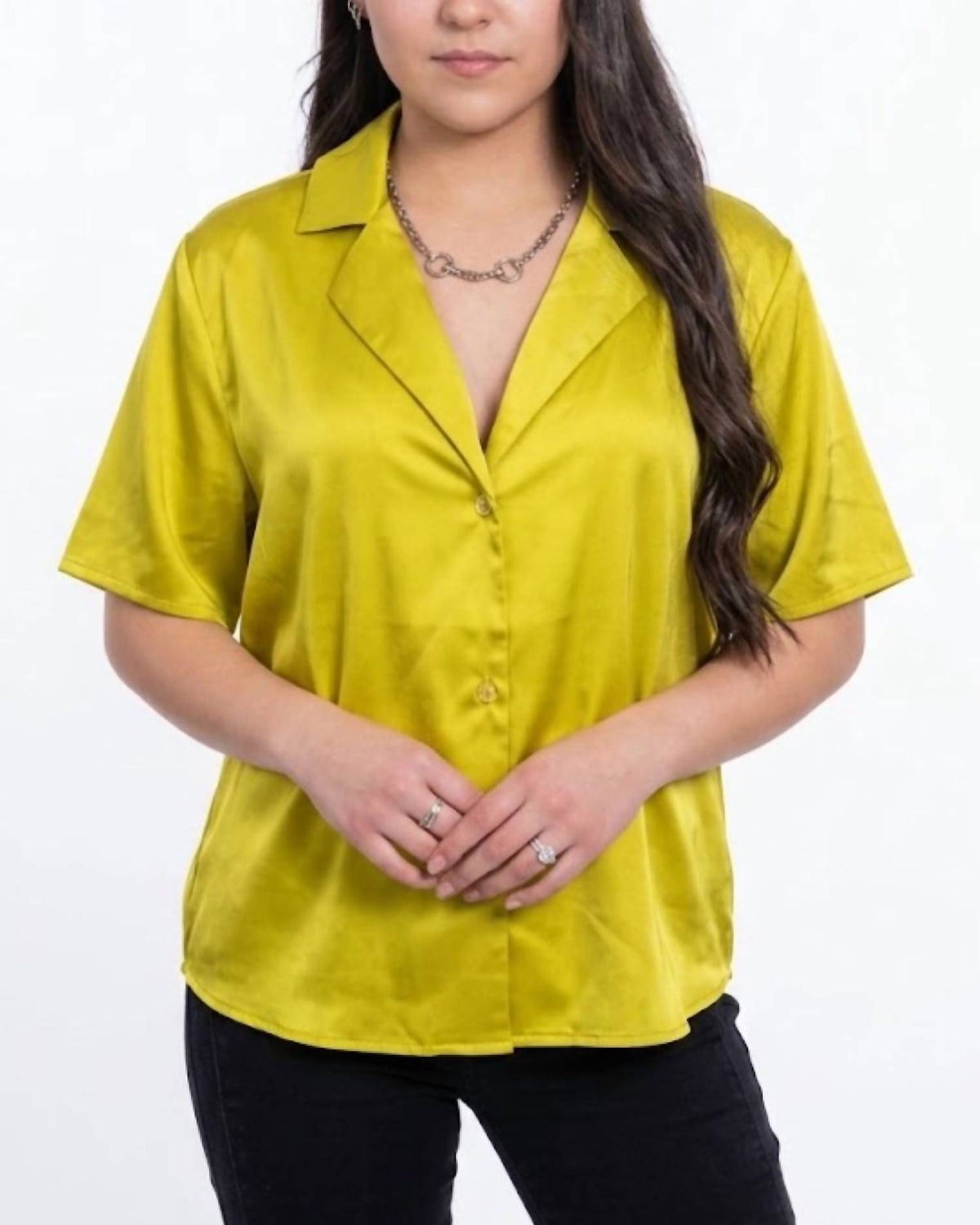 Ee:Some - Satin Button Up Short Sleeve Blouse