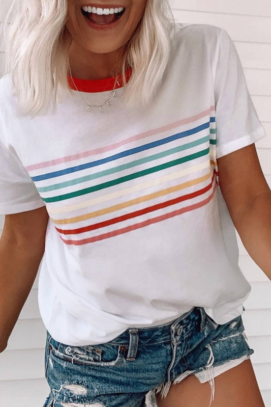 Shewin - Rainbow Stripe Crew Short Sleeve Tee