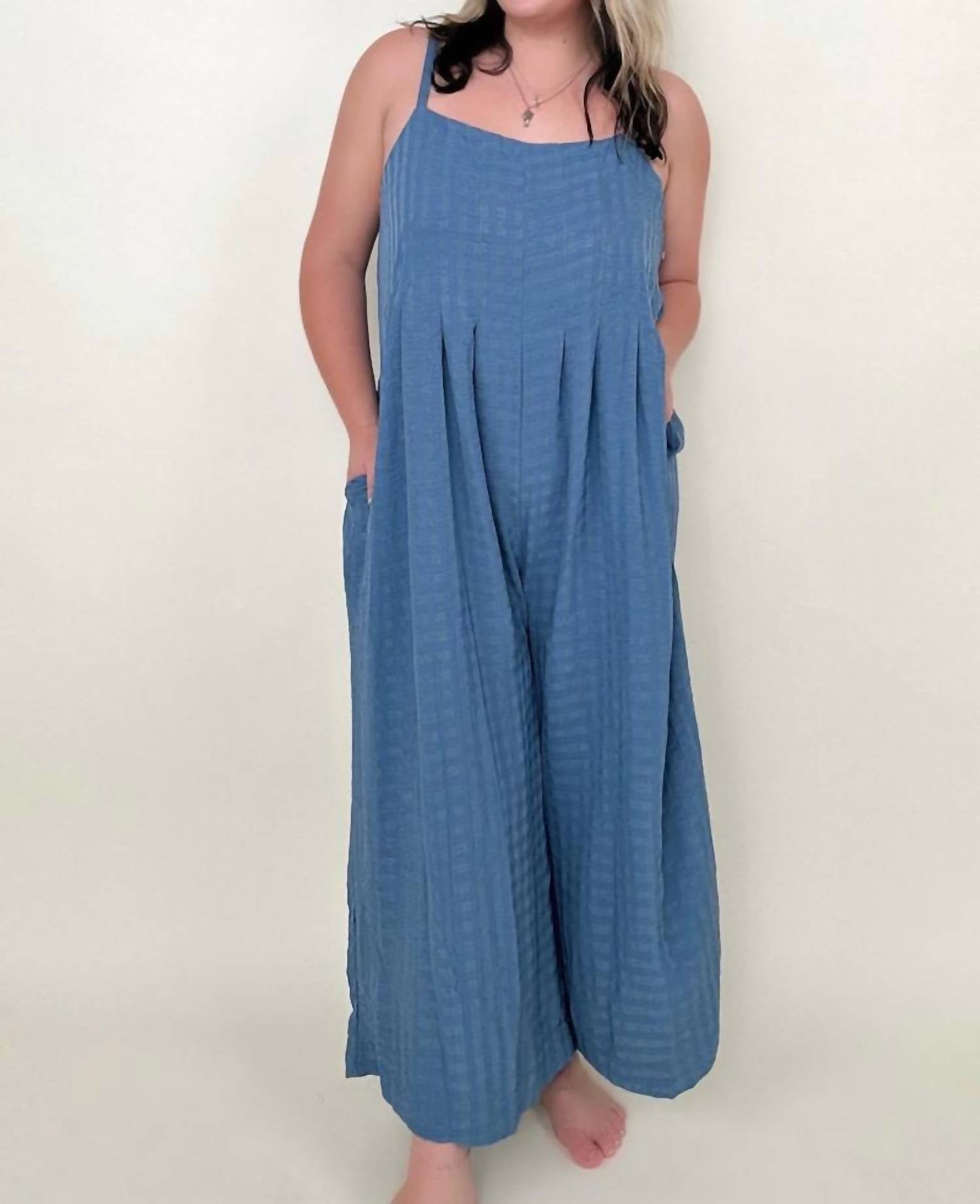 GiGiO Chic Comfort Textured Woven Spaghetti Strap Jumpsuit in denim - women's pants - view 5