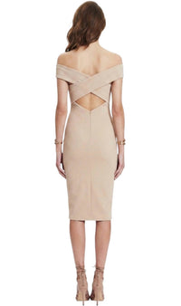 NOOKIE Boulevard Crossover Cutout Off Shoulder Midi Dress in nude - women's dress - detail view