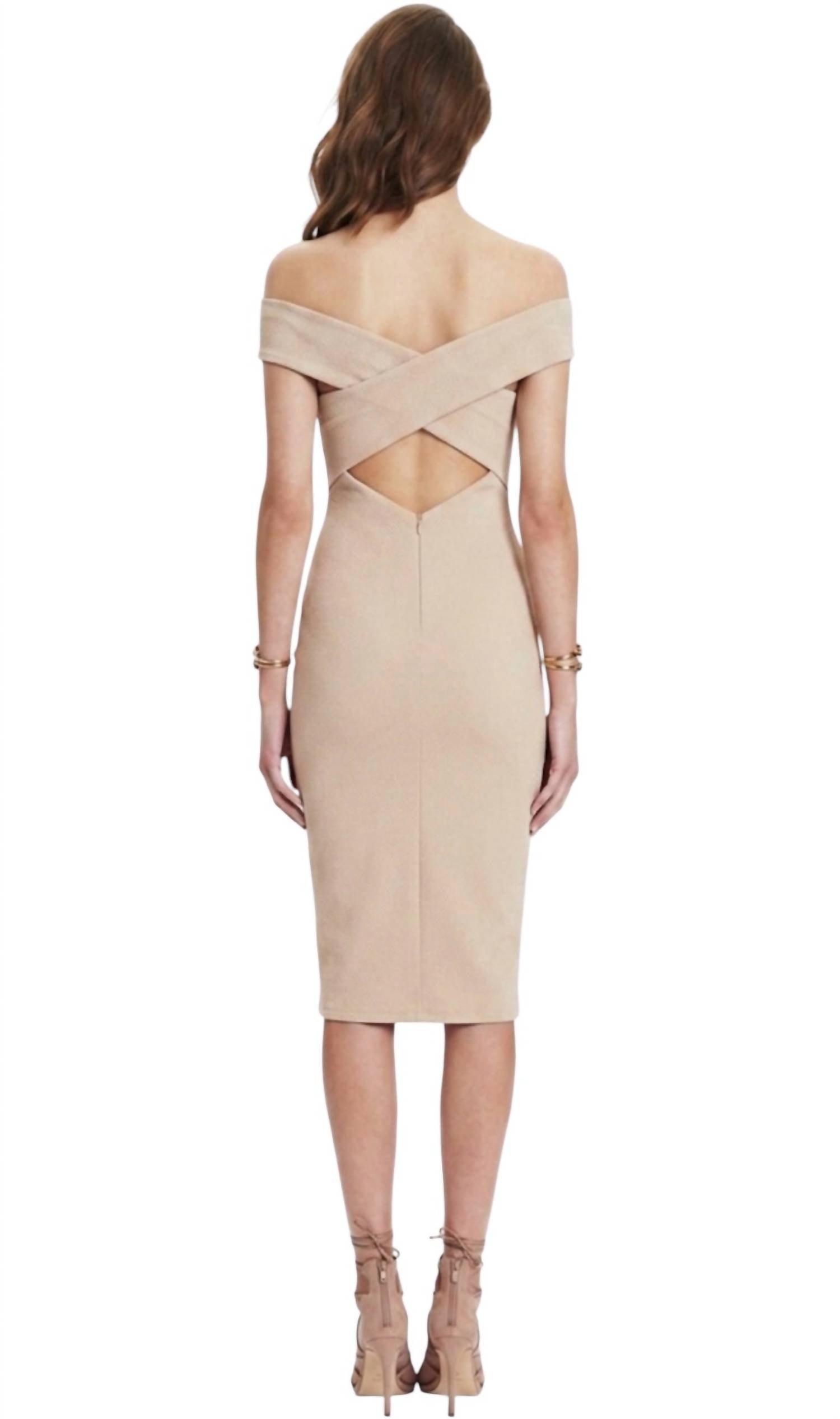 NOOKIE Boulevard Crossover Cutout Off Shoulder Midi Dress in nude - women's dress - detail view