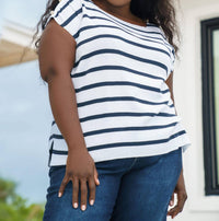 Mat Fashion - Short Sleeve Striped Button Shoulder Top - Plus Size