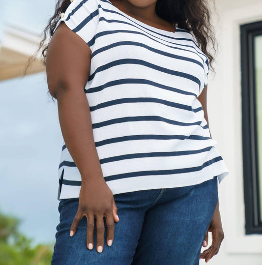 Mat Fashion - Short Sleeve Striped Button Shoulder Top - Plus Size