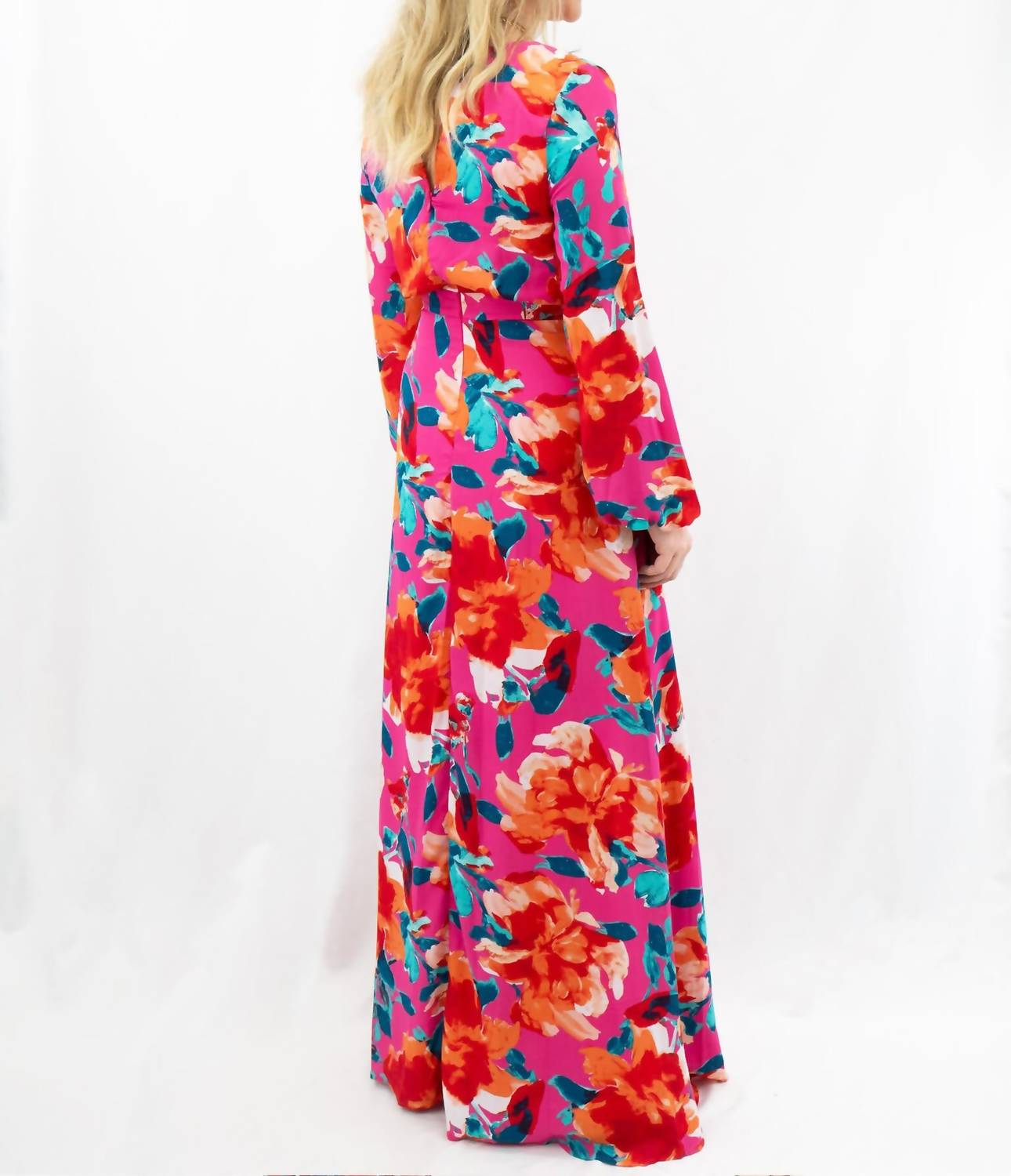 ark & co. Floral V-Neck Maxi Long Sleeve Dress in hot pink - women's dress - alternate view