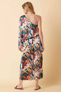 Mittoshop - Abstract Flower Print One Shoulder Maxi Dress