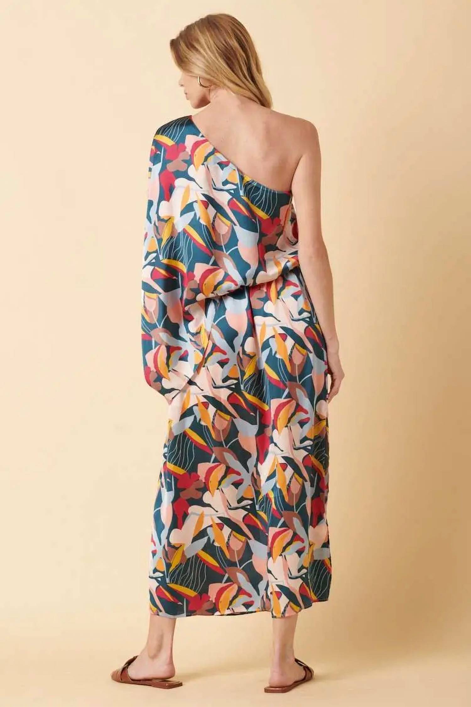 Mittoshop - Abstract Flower Print One Shoulder Maxi Dress