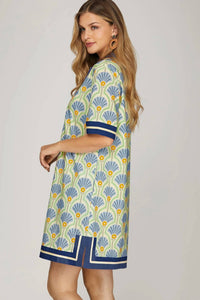 She + Sky - Short Sleeve Printed Dress With Solid Trim