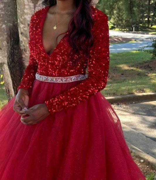 Ava Presley - Velvet Sequin Long Sleeved Ball Gown