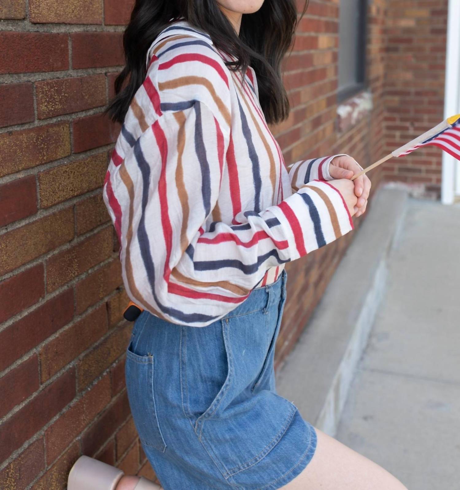 Q2 American Stripes Chiffon Button Down Blouse in red blue white - women's blouse - alternate view