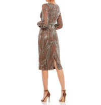 MAC DUGGAL Cuffed Sleeves Embellished Dress in mocha - women's dress - detail view
