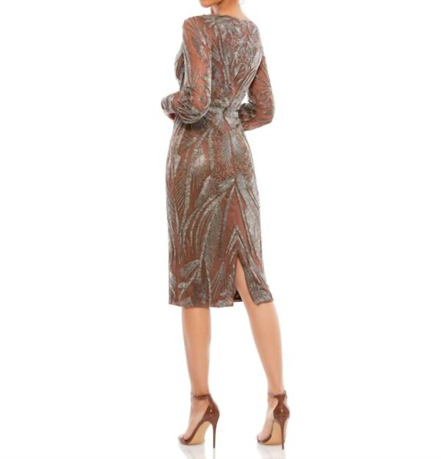 MAC DUGGAL Cuffed Sleeves Embellished Dress in mocha - women's dress - detail view