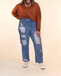 The Savannah Mid Rise Straight Fit Distressed Denim
