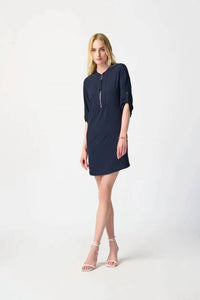 Joseph Ribkoff - Zip Front Roll-tab 3/4 Sleeve Shift Dress