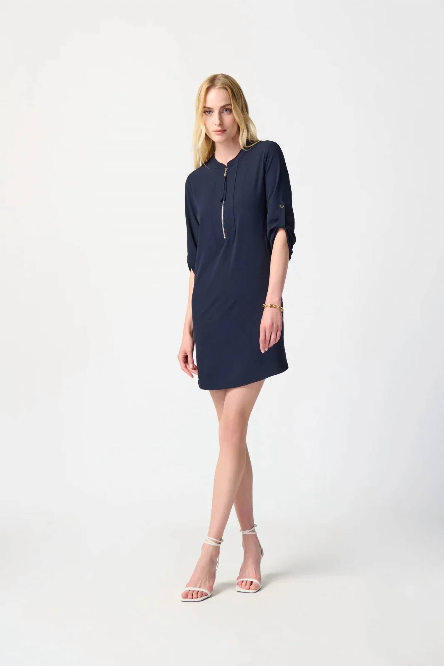 Joseph Ribkoff - Zip Front Roll-tab 3/4 Sleeve Shift Dress