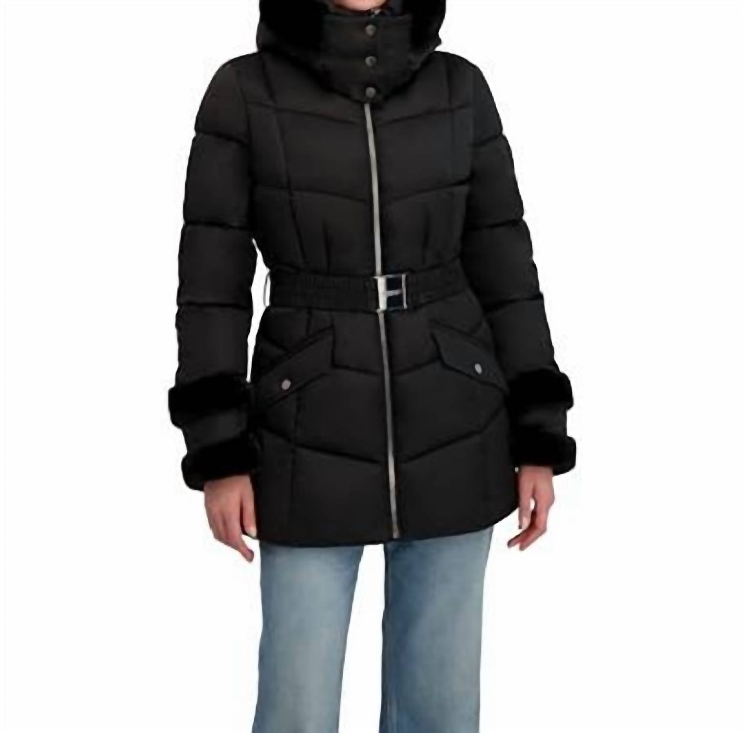 Laundry By Shelli Segal - Stretch Quilted Puffer Coat With Faux Fur Trim Puffers