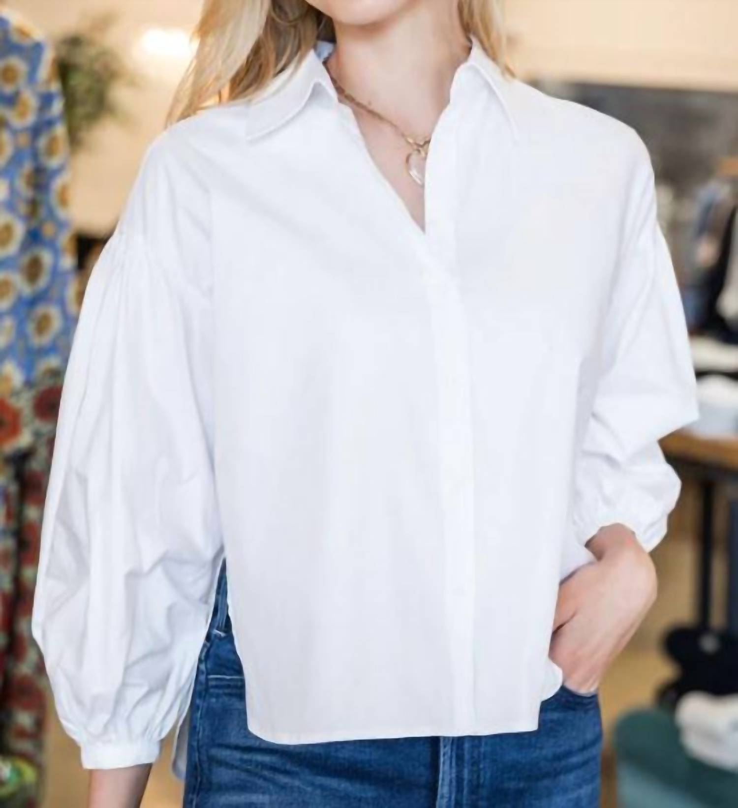 Psophia Balloon Sleeve Cotton Blouse in white - women's blouse