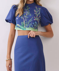 Tcec - Botanical Print Puff Sleeve Crop Top