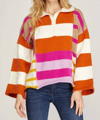 She + Sky - Color-block Collared Sweater