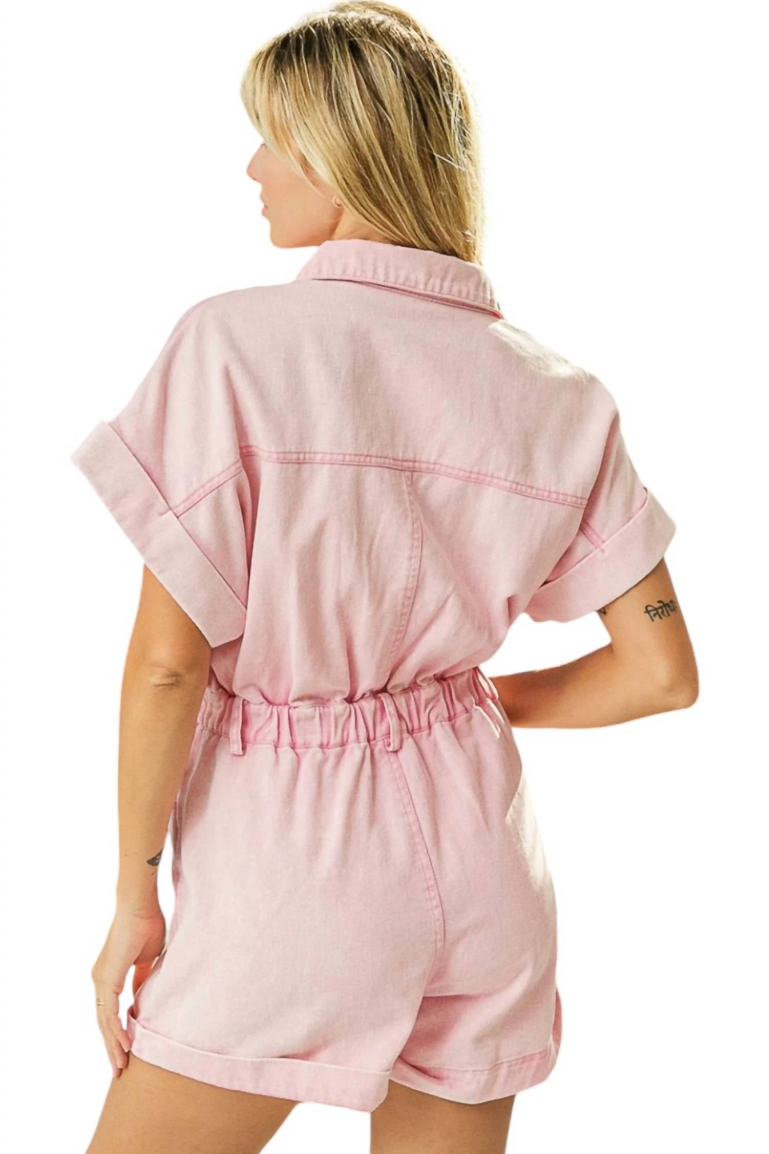 BiBi Vintage Washed Distressed Romper in light pink - women's pants - alternate view