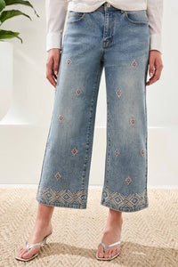 Tribal - AUDREY HUGGING WIDE CROP JEANS WITH EMBROIDERY & BEADS