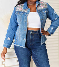 Baeful - Floral Distressed Raw Hem Denim Jacket
