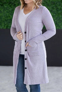 Michelle Mae Women's Button-front Rachel Ribbed Cardigan in lavender - women's cardigan