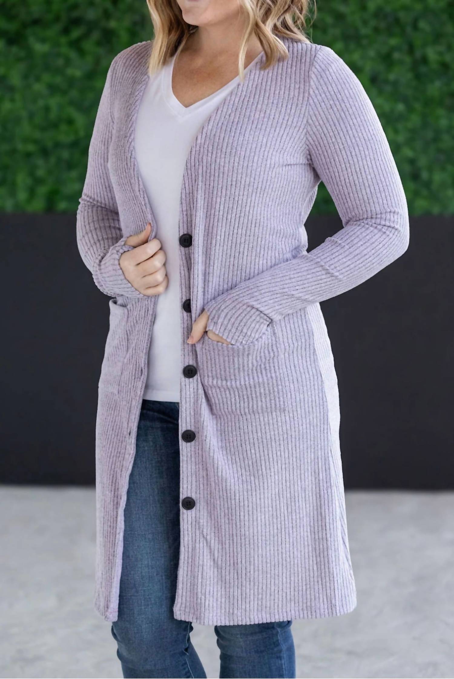 Michelle Mae Women's Button-front Rachel Ribbed Cardigan in lavender - women's cardigan