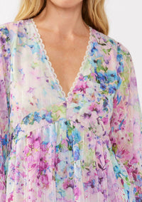 Lovestitch - Watercolor Flower V-neck Tiered Mini Dress