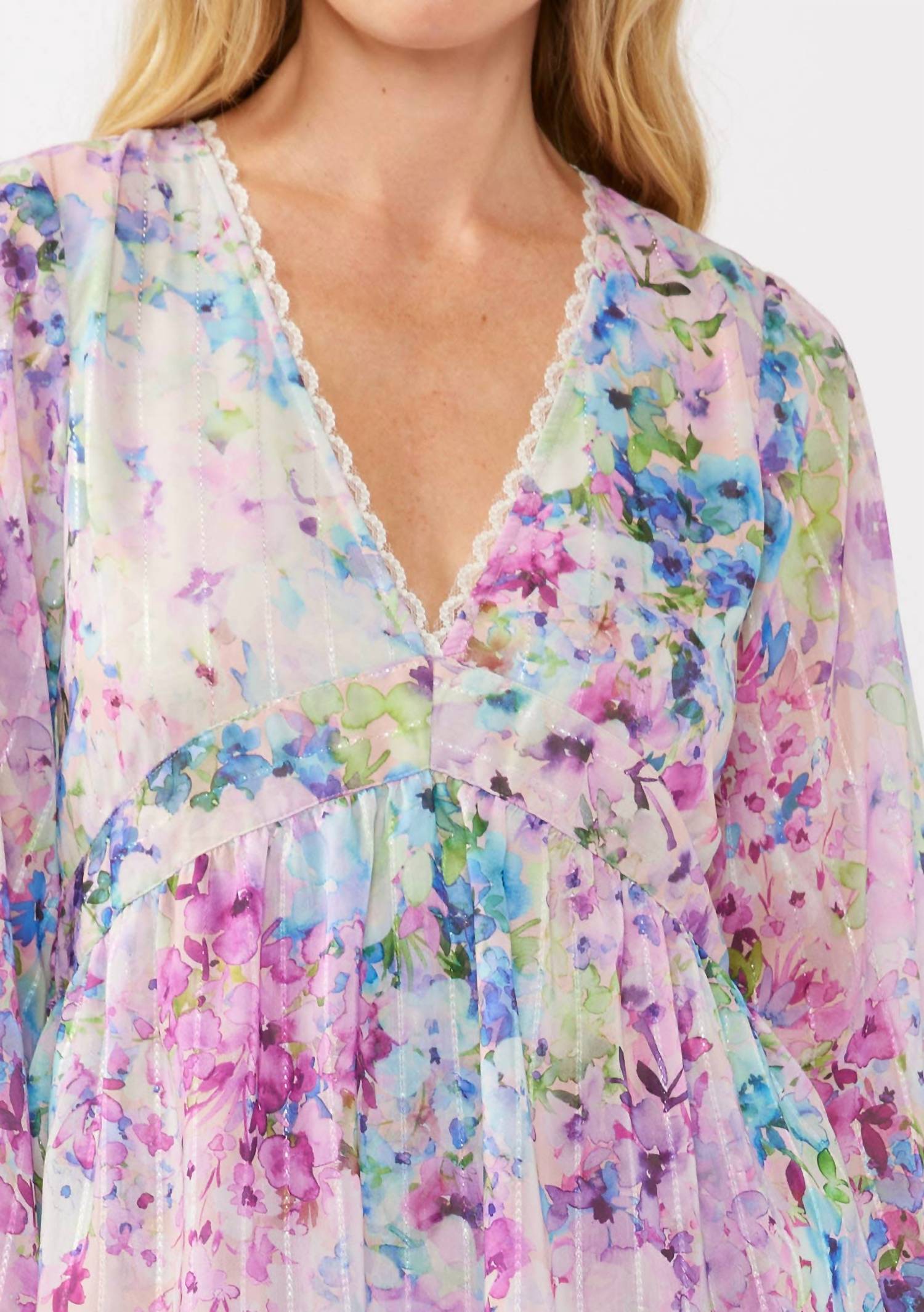 Lovestitch - Watercolor Flower V-neck Tiered Mini Dress