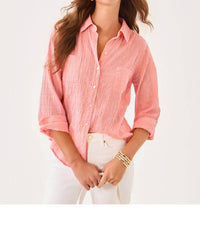 Lilly Pulitzer Sea View Button Down Shirt in papaya x conch shell pink shirting stripe - women's shirt