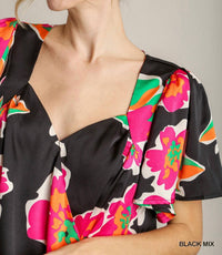 Umgee - Floral Print Surplice Short Sleeve Wrap Top