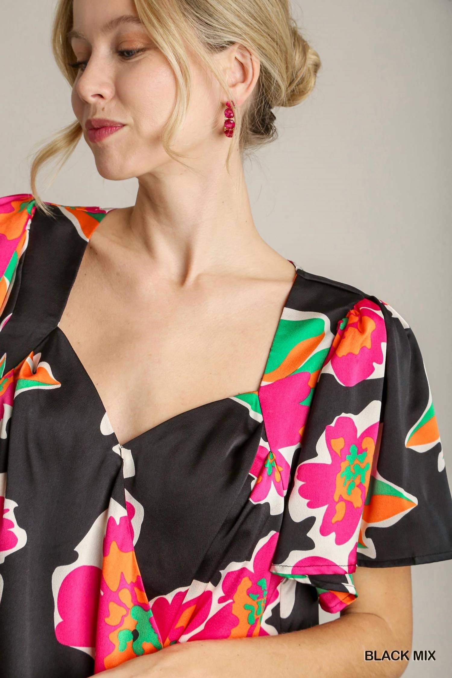Umgee - Floral Print Surplice Short Sleeve Wrap Top