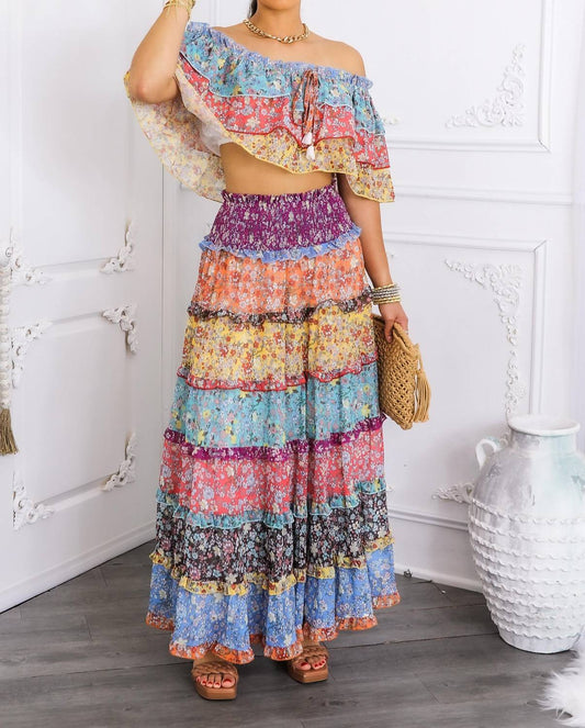 Surelymine - Boho Floral Ruffle Crop Top & Maxi Skirt Set