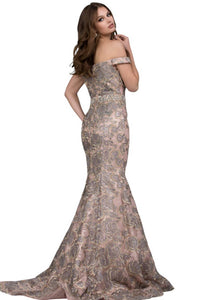 Jovani - Embellished Belt Off the Shoulder Mermaid Gown