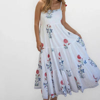 NIBI MTK Poppy Tier Maxi Dress in red floral stripe - women's dress