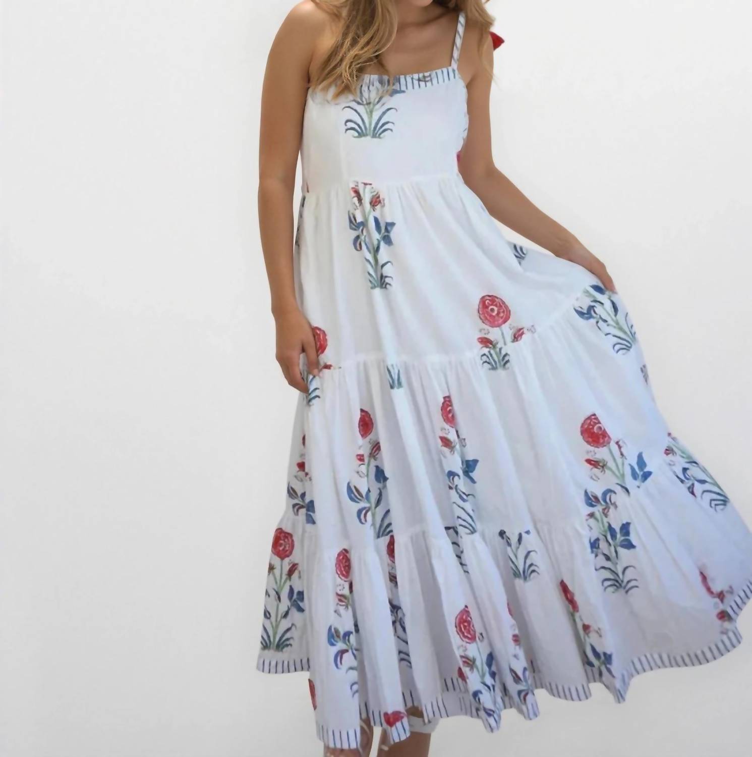 NIBI MTK Poppy Tier Maxi Dress in red floral stripe - women's dress