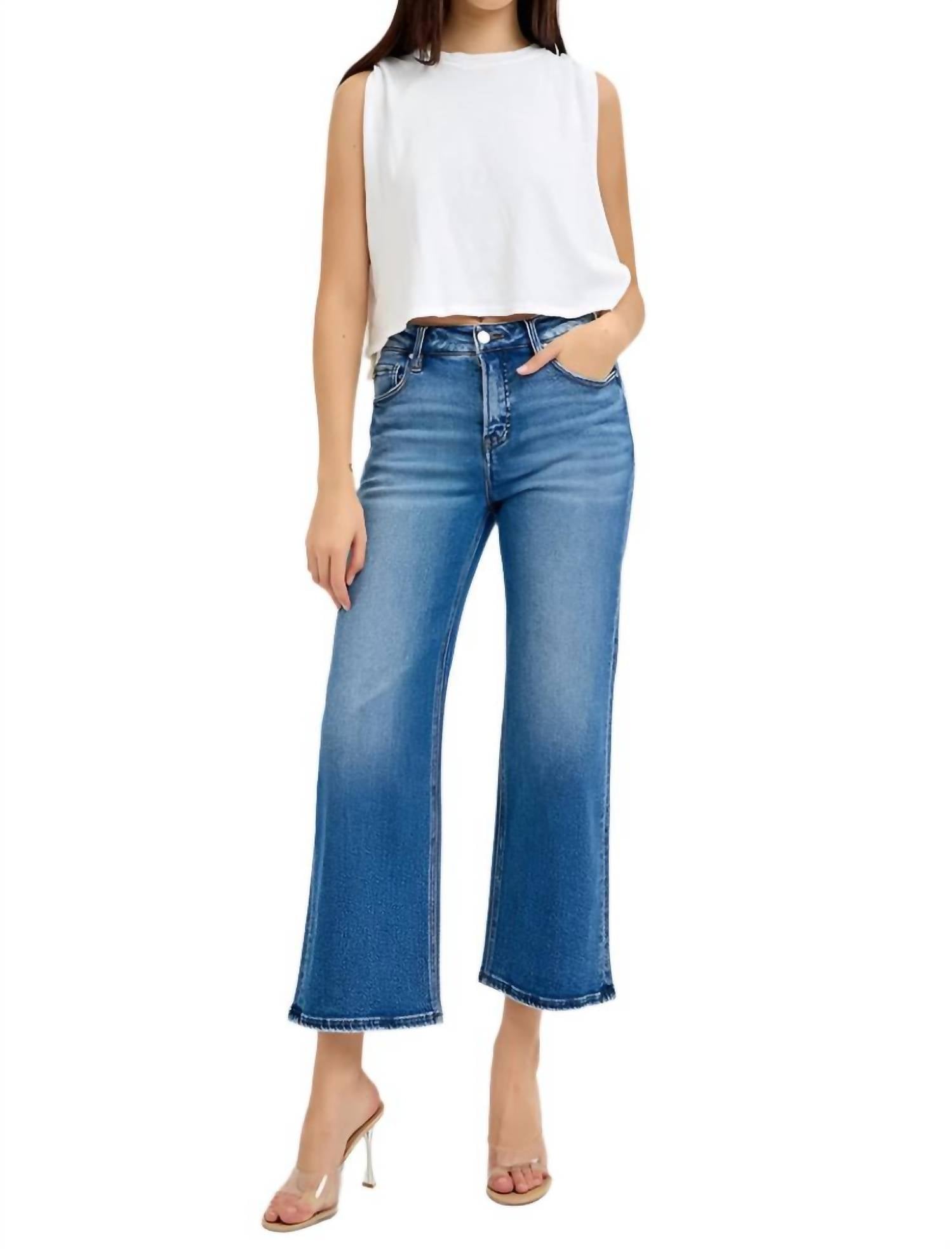 Risen - Tummy Control Elastic Band Mid-rise Crop Wide Leg Jeans