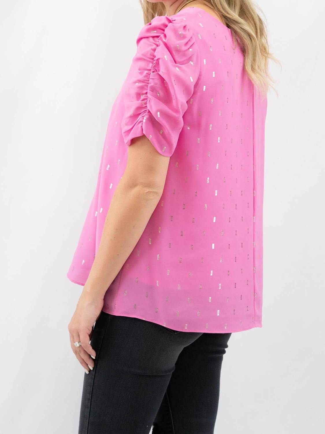 Adrienne - Ruched Sleeve V-neck Barbie Top