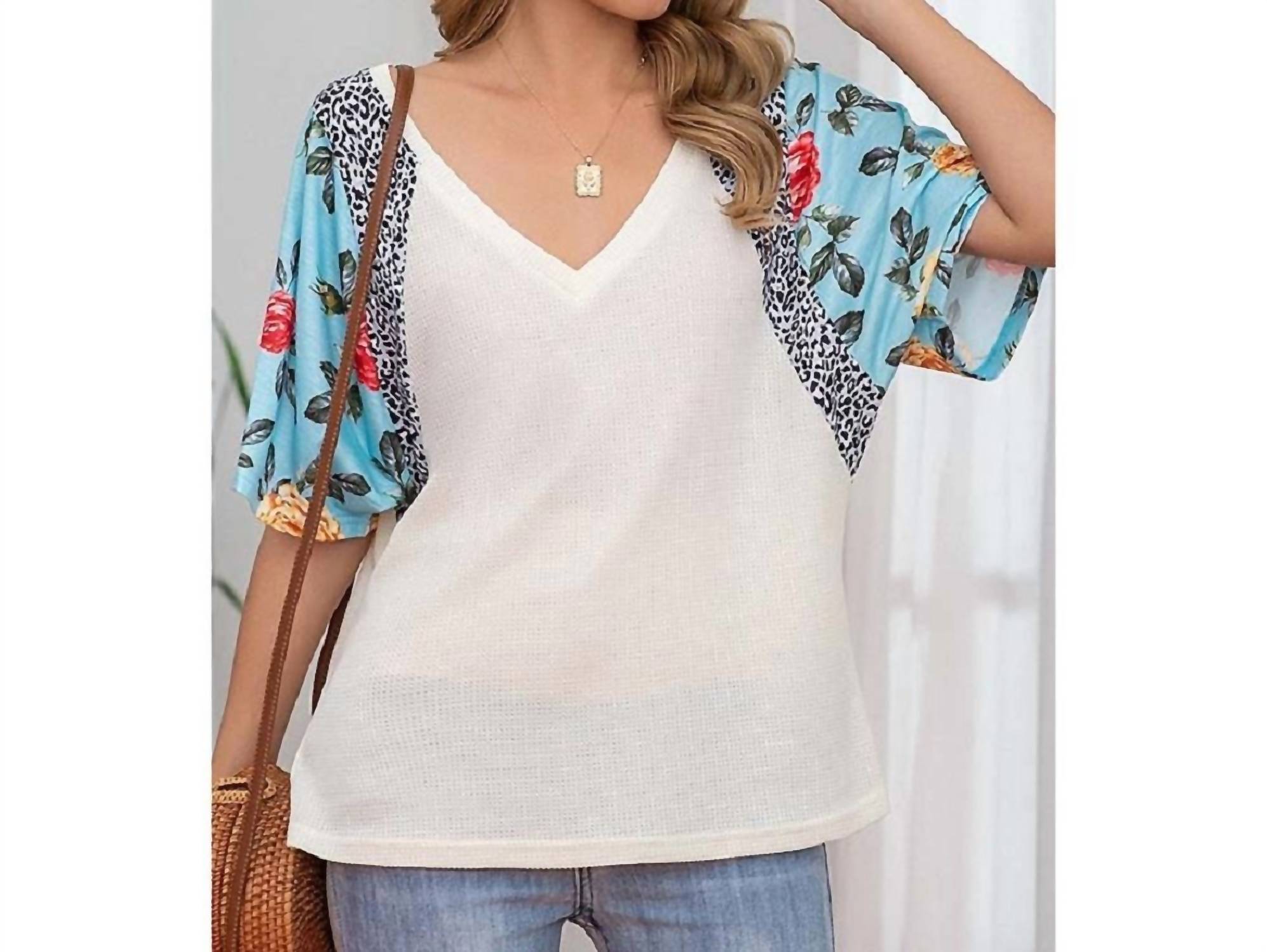 C+D+M - Waffle Floral/leopard Sleeve Top