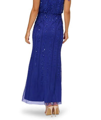 Adrianna Papell - V-neckline Sheer Flutter Sequin Dress