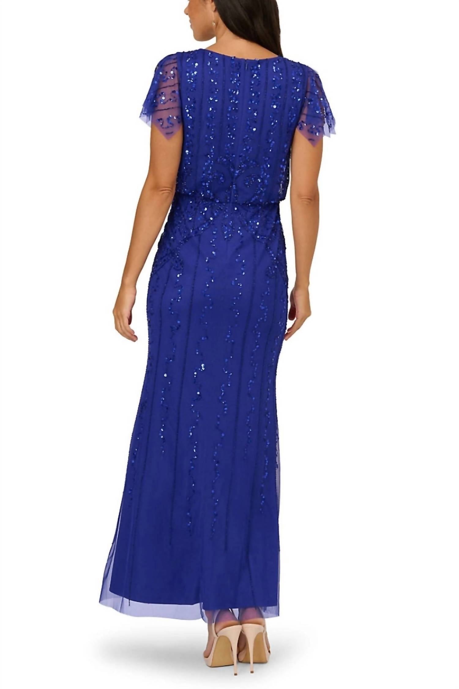 Adrianna Papell - V-neckline Sheer Flutter Sequin Dress