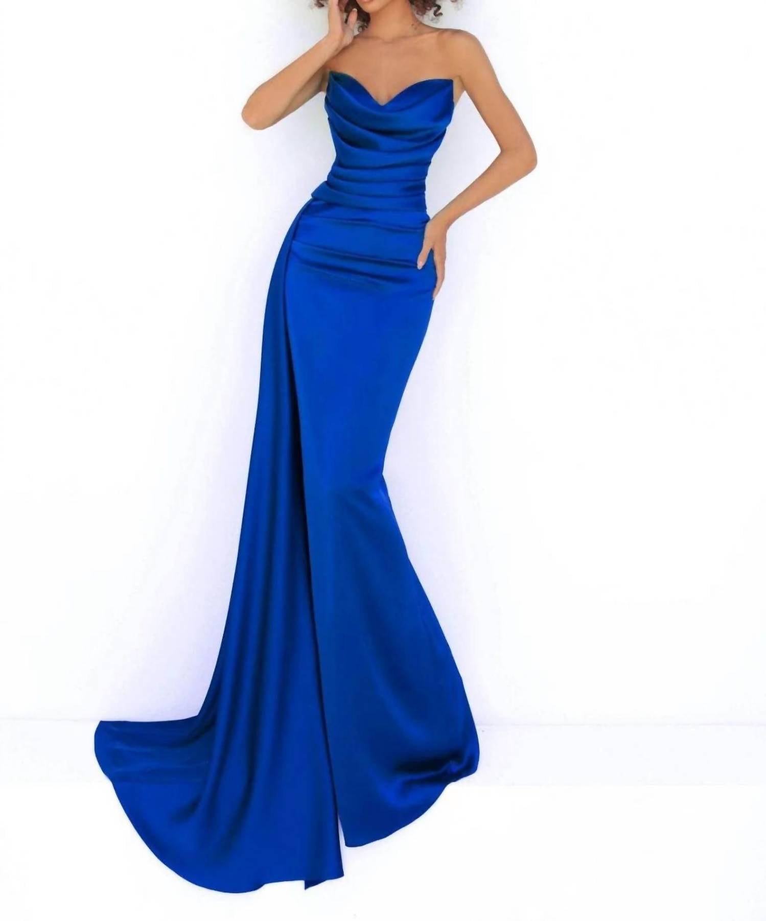 Tarik Ediz - Strapless Draped Cowl Satin High Slit Gown