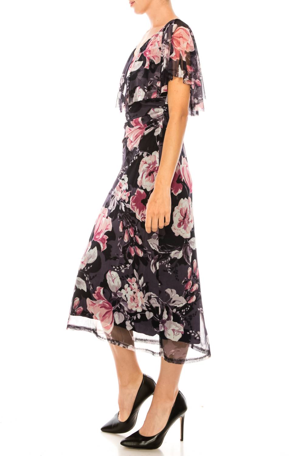 Connected Apparel - Floral Print Cape Midi Dress