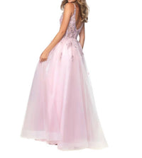 Blush Prom - Beaded Lace Appliqued Tulle Deep V-neck Gown