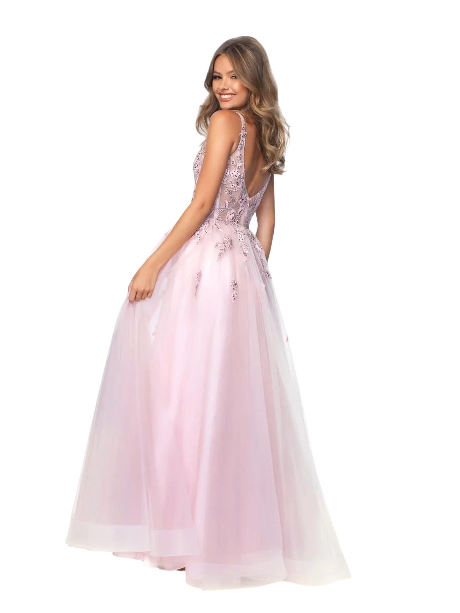 Blush Prom - Beaded Lace Appliqued Tulle Deep V-neck Gown