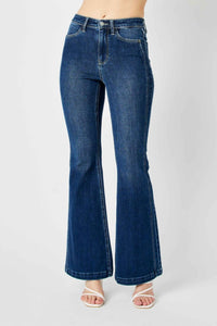 Judy Blue High Waisted Angled Side Seam Detail Flare Jeans in dark blue - women's jeans