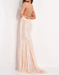 JOVANI Long Sequin Fitted Dress in rose gold - women's dress - detail view